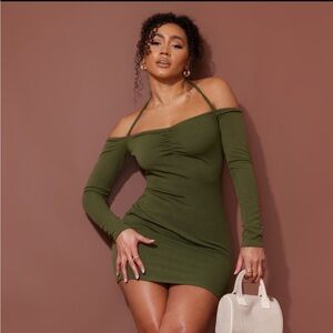 NWOT Pretty Little Thing PLT Woman’s Soft Rib Bardot Ruched Bodycon Mini Dress